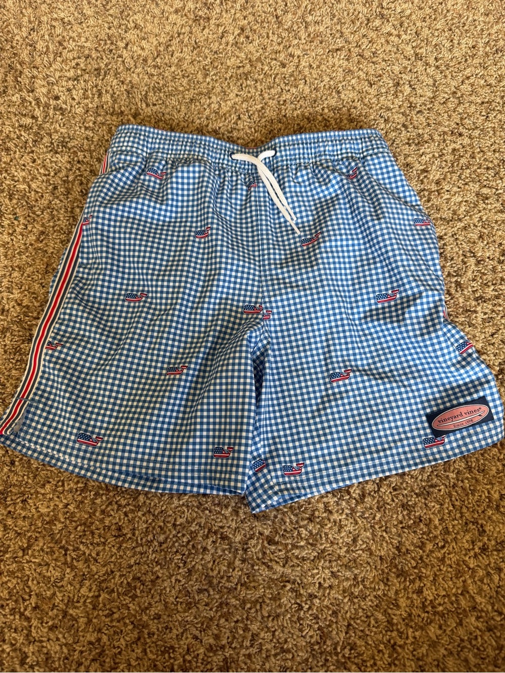 YM 12/14 Vineyard Vines Blue Gingham Whale Swim Trunks with Red-White Stripe